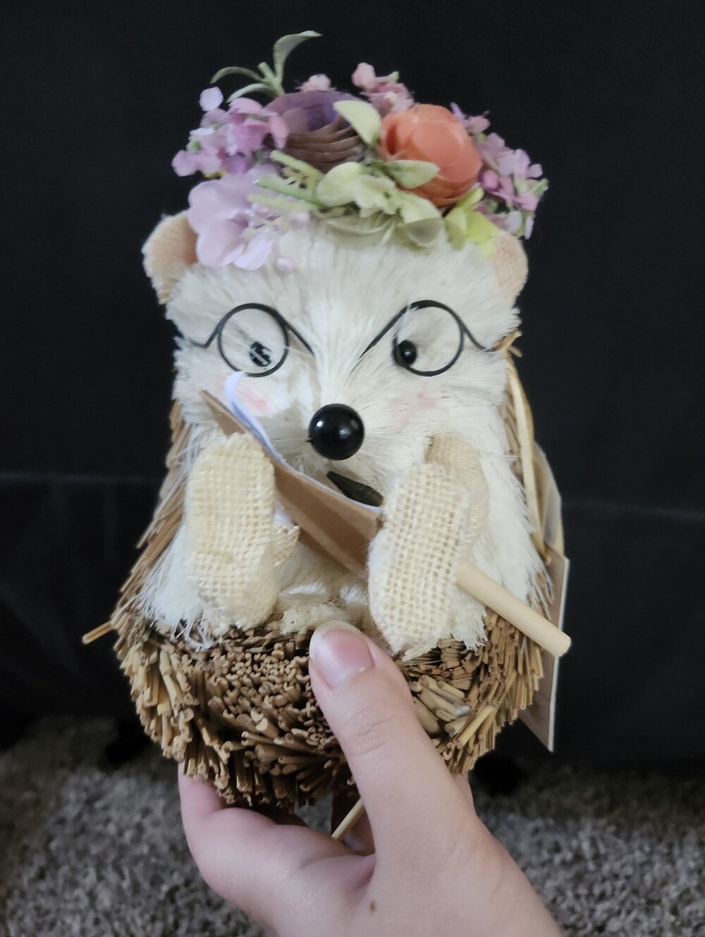 Decorative Hedgehog Figurine with Floral Crown - White and Brown